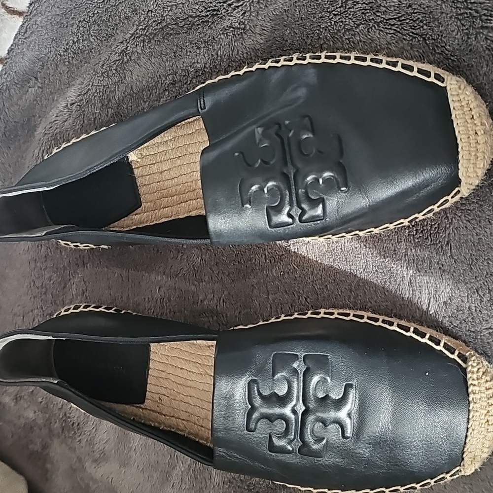 Tory Burch Black Leather Espadrille Slip-Ons